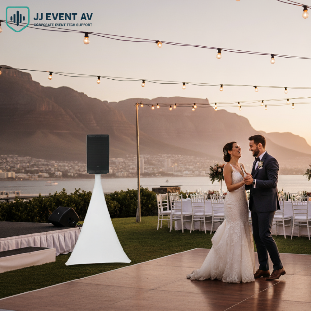 Discreet speaker setup for luxury wedding ceremony Cape Town
